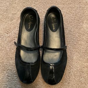 Cole Haan suede and patent leather mary-janes.